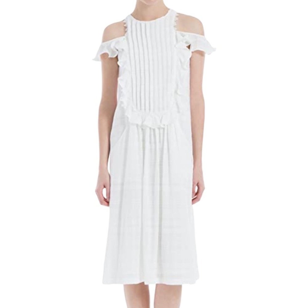 Max Studio NEW Nicolette Ruffled Pleated Cold Shoulder Midi Dress White (Large)
